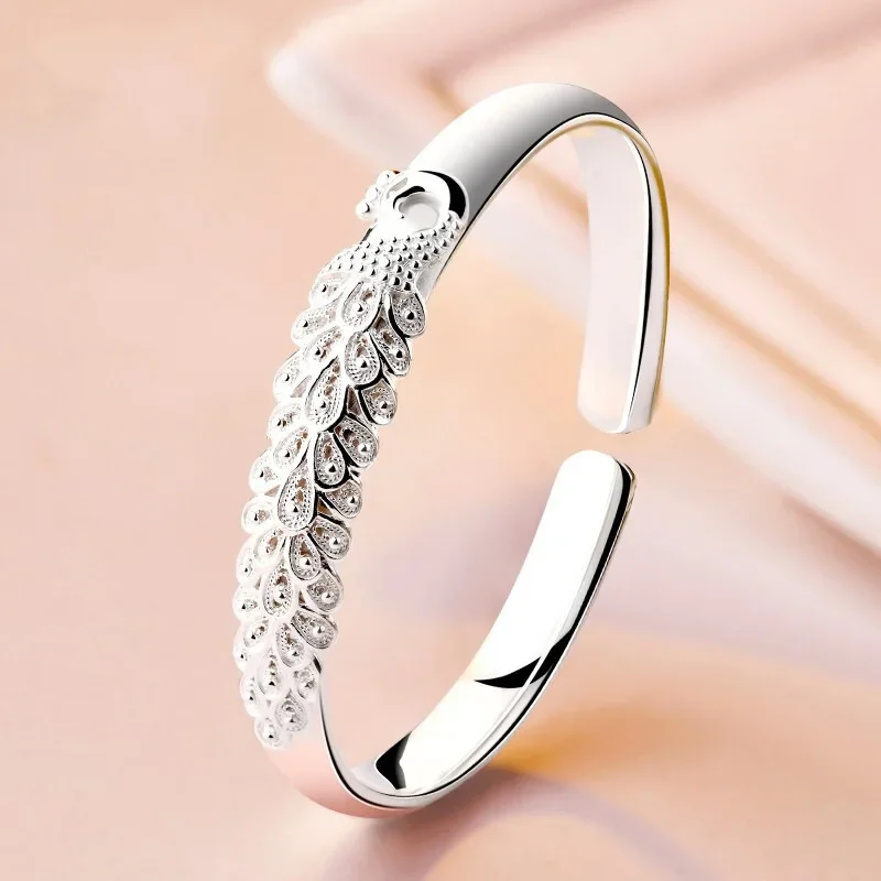 925 Sterling Silver Peacock Opening Screen Bracelet For Women Luxury Designer Texture Open Bracelets Party Original Jewelry Gift - Image 4