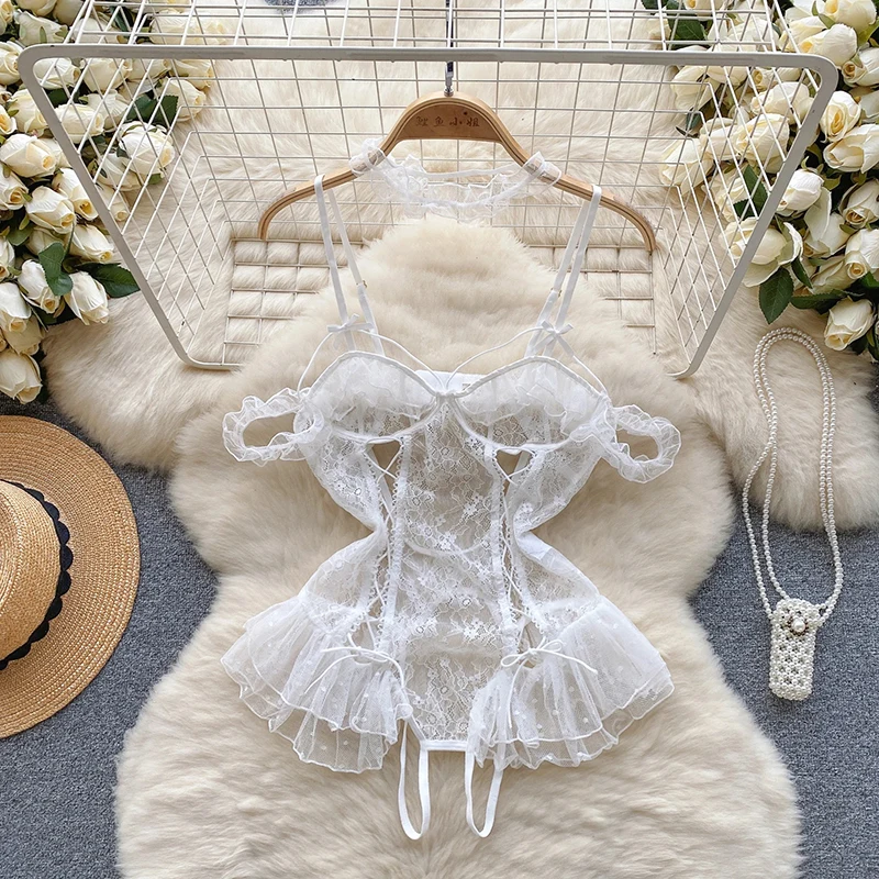 Women' Sexy Lace Camisole Slim Solid Color Sleeveless Bodysuit Erotic Lingerie V-Neck Ultra-Thin Pajamas Hollow Sheer Playsuit - Image 30