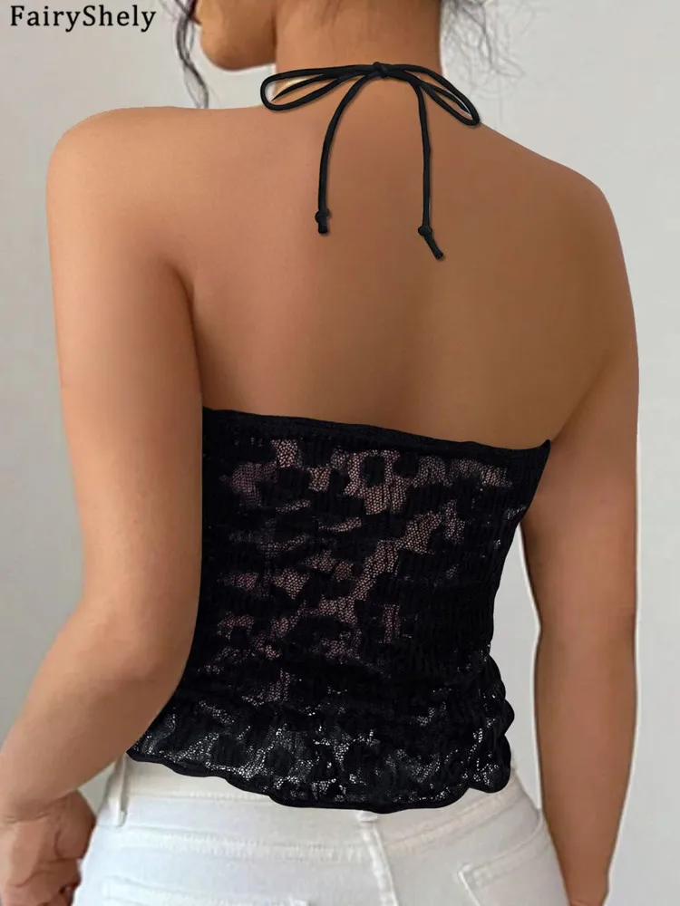 Fairyshely Sexy Female Summer Solid Halter Top 2025 Women Lace V Neck Bodycon Strap Vest Lady Sleeveless Off Shoulder Clud Tops - Image 5