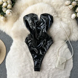 Hotsweet Vintage Strapless Elegant Sleeveless Chic V-neck PU Leather Zipper Bodysuits Sexy Top Beach High Street Summer Jumpsuit