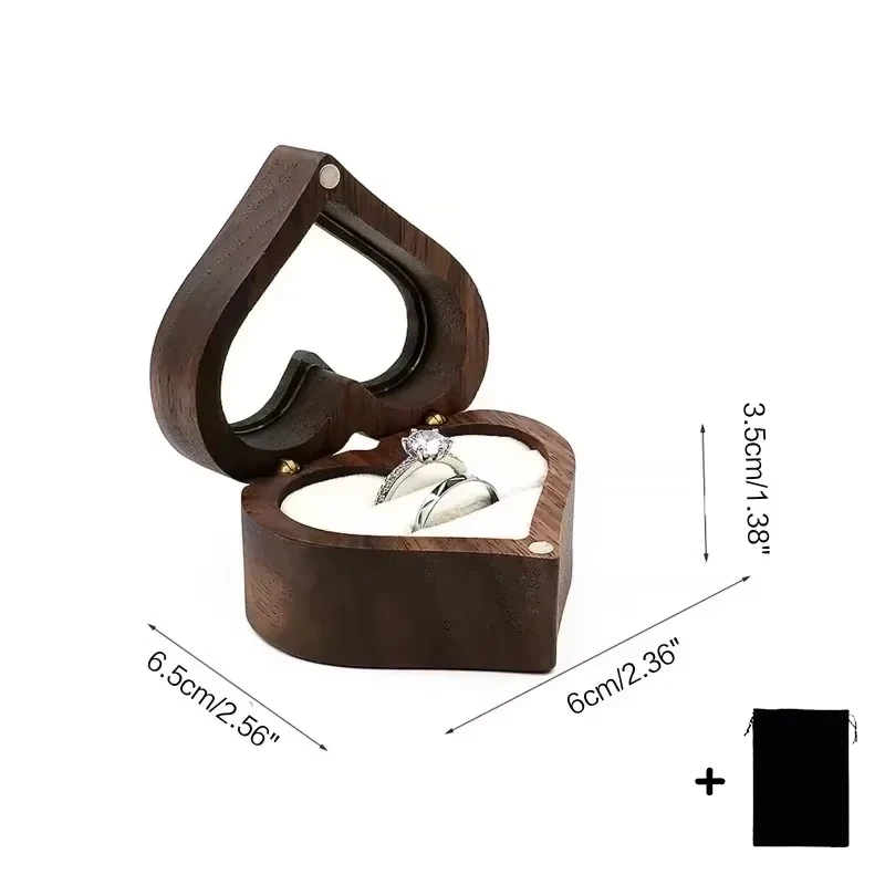 1PCS Free Engraving Custom Love Heart Shaped Walnut Wood Ring Box for Wedding Ceremony Jewelry Box Storage Proposal Wedding Gift - Image 5