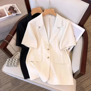 Summer Short Sleeve Blazer Women Korean Fashion Single-breasted Office Lady Suit Jacket  Elegant Loose Thin Outwear