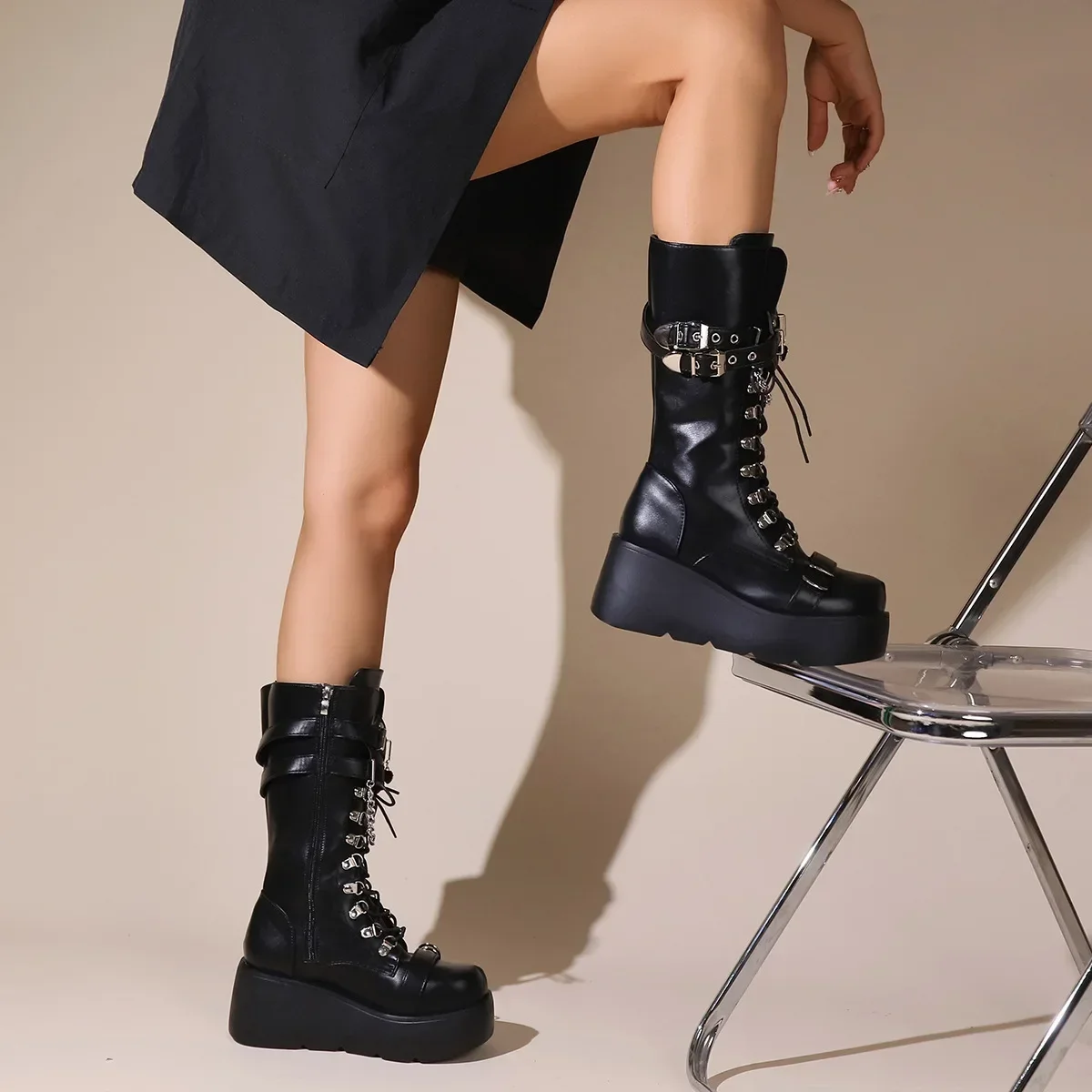 Platform Boots Riveted Buckle Wedges High Women's Boots Punk Spice Chic Biker Rider Boots - Image 5