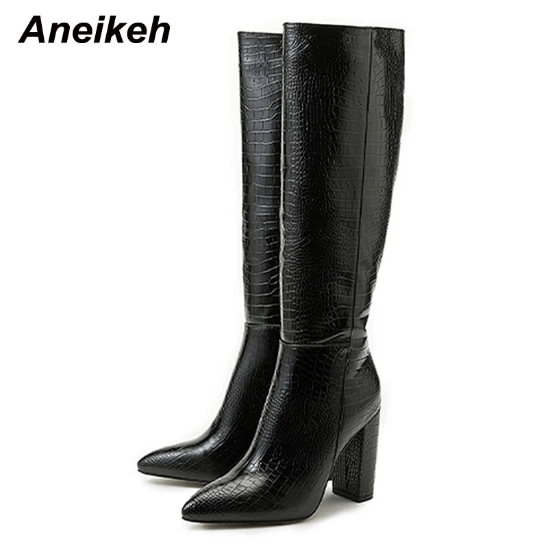 Aneikeh Pointed Thick Heels Knee Long Boots Women's 2025 Spring/Autumn Patent Leather Crocodile Pattern Panel Side Zipper Boots - Image 4