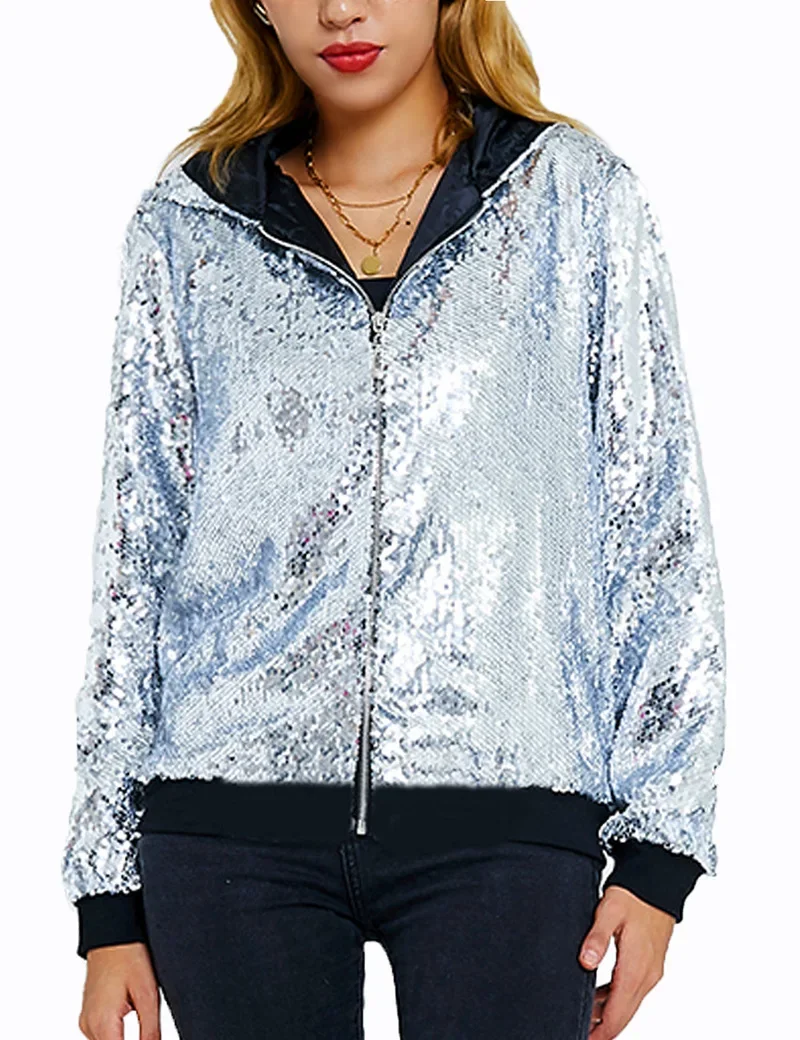 2025 New Europe and USA Party Flip Color Sequined Jackets for Women, Fashion Casual Shiny Loose Concert Hooded Baseball Jackets - Image 20