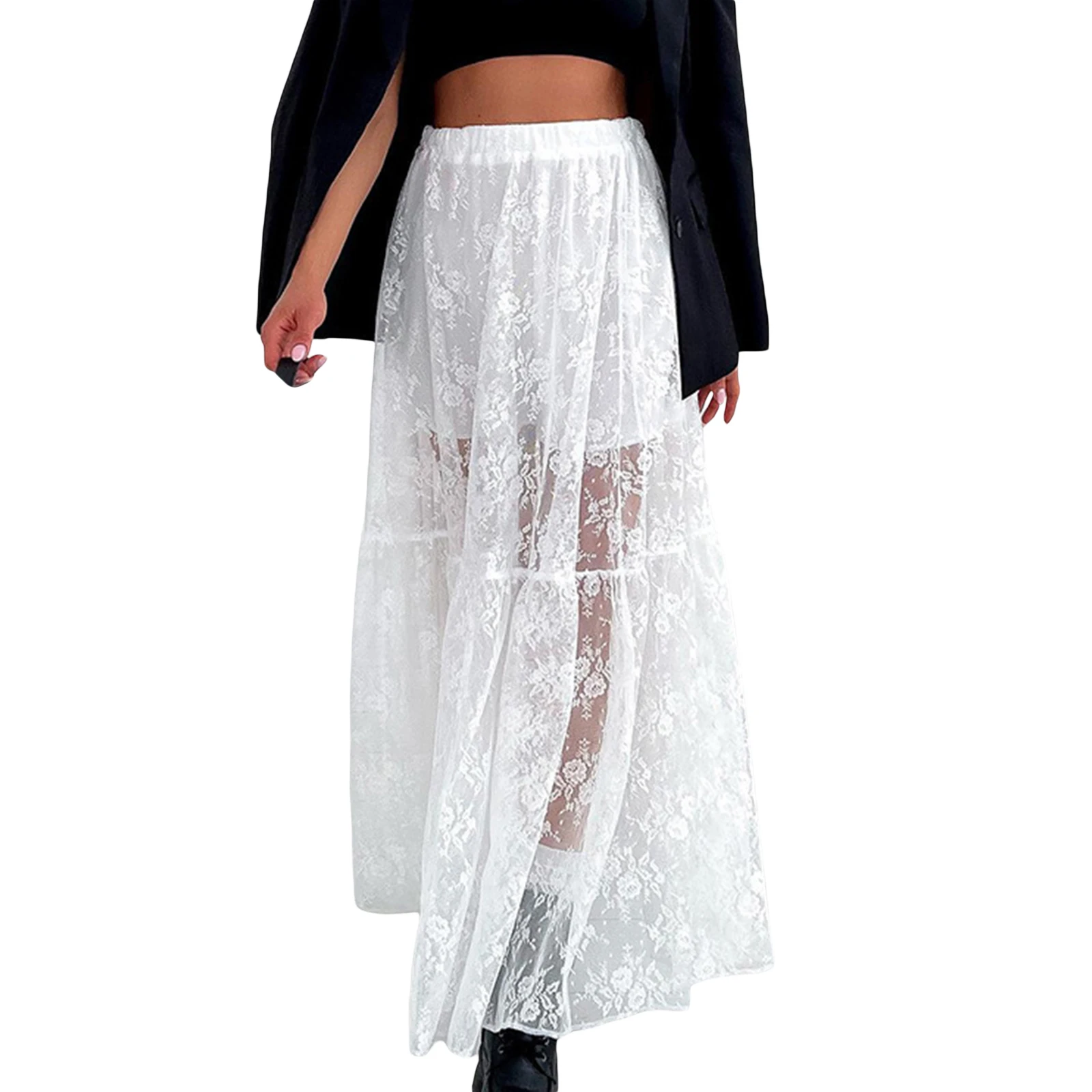 Women See-Through Lace A-Line Skirts Casual Summer Solid Color Elastic Waist Long Skirt for Beach Vacation Club - Image 7