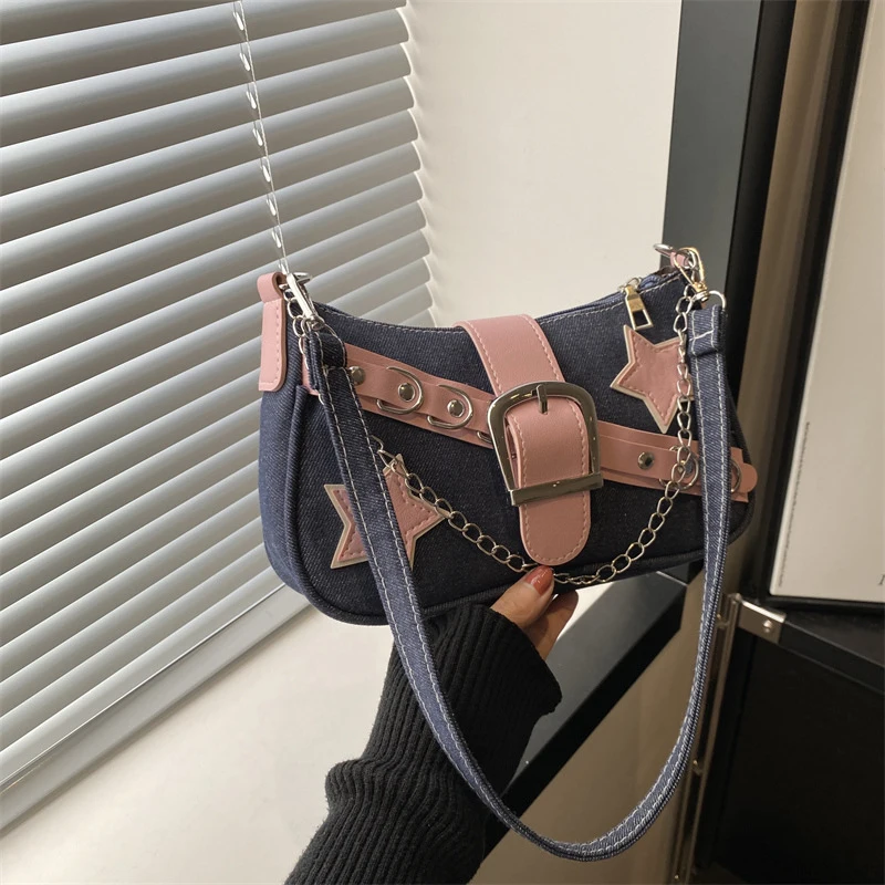 Fashion Women's Handbags Denim Stars Pattern Cool Girls Underarm Bag Female Small Shoulder Hobo Bags Chain Tote Bag - Image 7