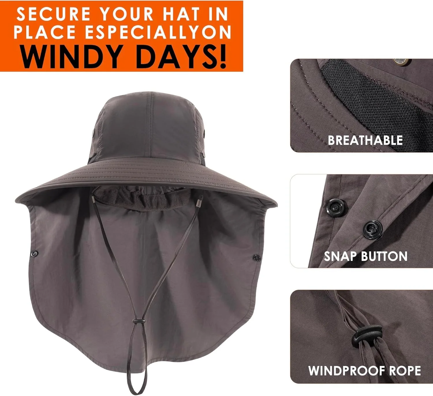 Mens Women Fishing Hat UPF 50+ Wide Brim Sun Hat with Face Cover & Neck Flap - Image 4