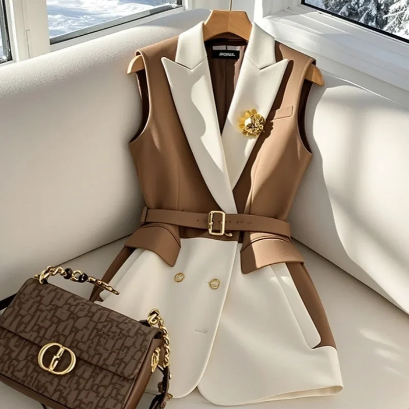 France Fashion Office Lady Coffee Blazers Vest Summer Korean Sleeveless Jackets with Belt Women Temperament Formal Slim Fit - Image 6