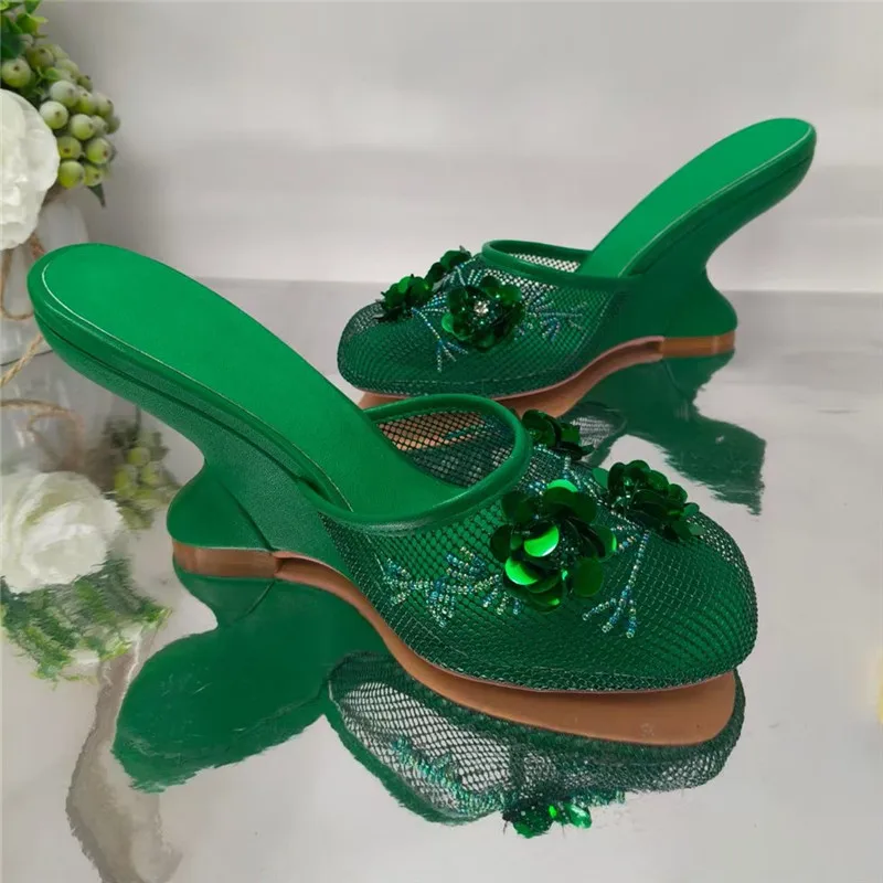 Fashion Women Summer Wedges Mesh Shoes For Woman's Flower Round Toe Slip-On Hollow High Heeled sandals Mujer Party Wedding Pumps - Image 10