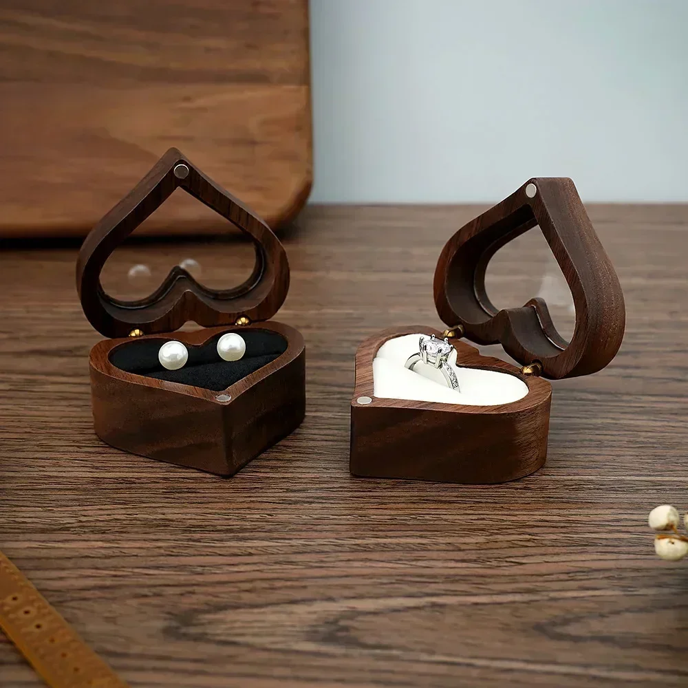 1PCS Free Engraving Custom Love Heart Shaped Walnut Wood Ring Box for Wedding Ceremony Jewelry Box Storage Proposal Wedding Gift - Image 2