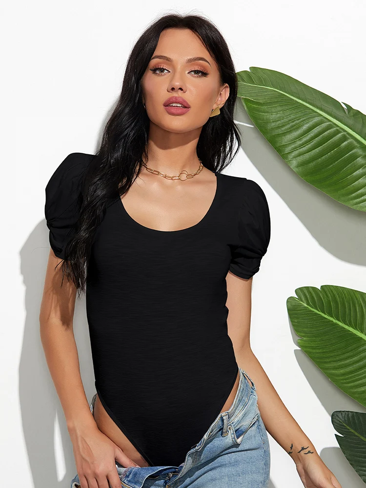 Women Summer Casual Basic Black White Skinny Bodysuit Lady Fashion Short Lantern Sleeve Rompers Jumpsuits Bodycon Tops Tees - Image 7