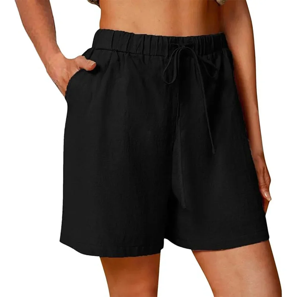 Women's Summer Casual Shorts Drawstring Solid Color Cotton Linen Short Pants Female Loose Straight Jogging Outdoor Streetwear - Image 3