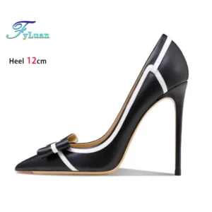 Black Office Work Shoes For Women Fashion Bowknot Shallow High Heels Designer New 2025 Spring Summer Sexy Pointed Toe 12CM Pumps