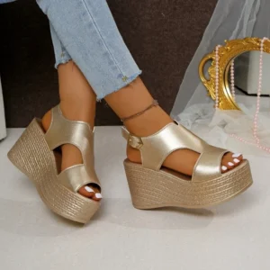 Slope heel women's sandals summer new leather waterproof table with temperament back zipper versatile Roman high heels size