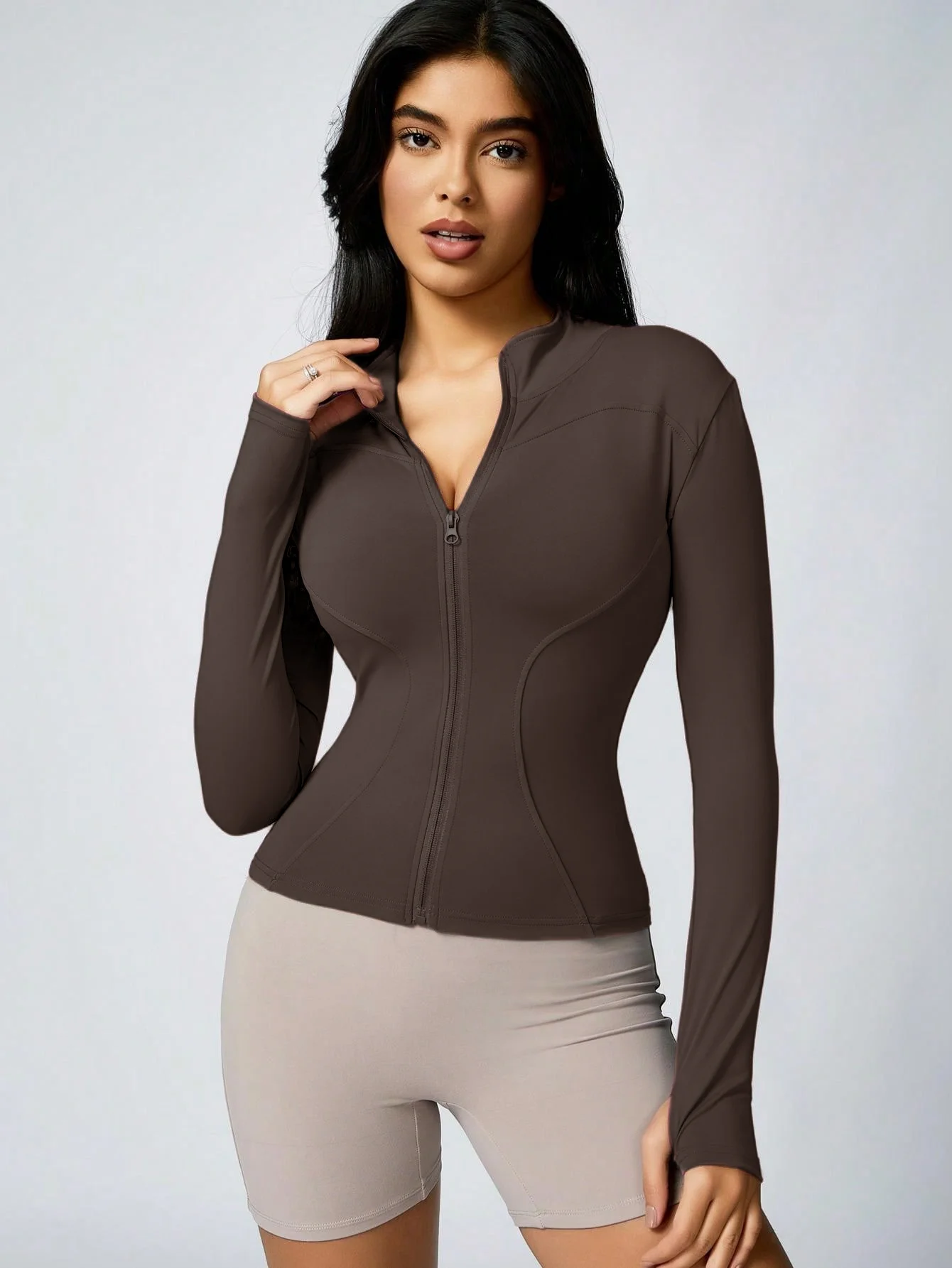 Women's Solid Color Zipper Turtleneck Sports Jacket, Long-Sleeved Sports Top, Gym Wear, Ladies' Sportswear for Indoor and Outdoo - Image 19