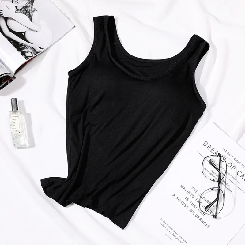 2023 Women's Vest Tops with Built In Bra Neck Vest Solid Color Padded Slim Fit Tank Tops Sexy Shirts Feminino Casual Tank Tops - Image 9