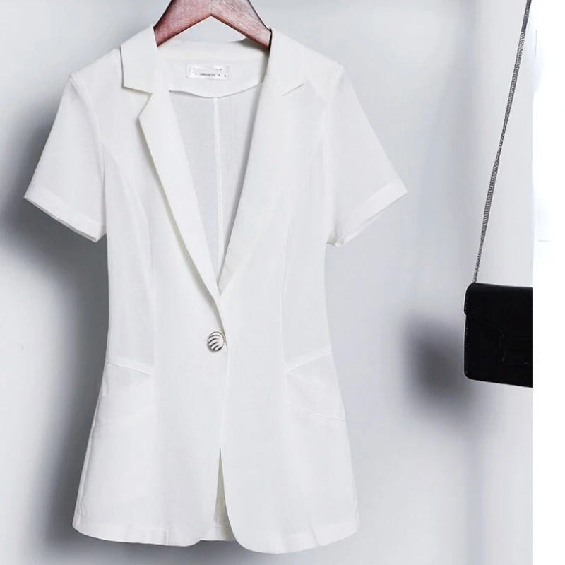 Short Sleeve Suit Women Summer Black White Blazer Coats Office Ladies Jacket Thin Blouse Korean Fashion Coat Shawl New - Image 2