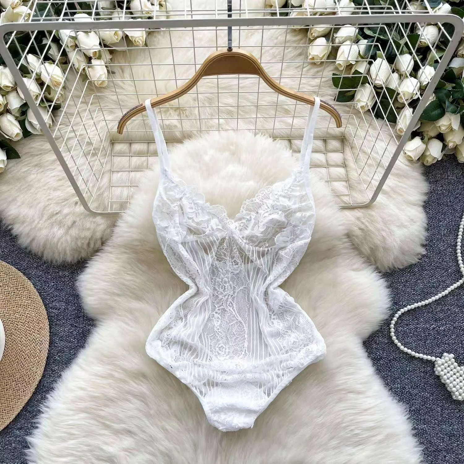 Women' Sexy Lace Camisole Slim Solid Color Sleeveless Bodysuit Erotic Lingerie V-Neck Ultra-Thin Pajamas Hollow Sheer Playsuit - Image 3