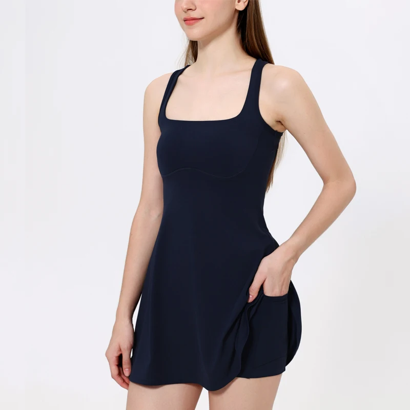 VITALINOVO Square Neck Womens Two Pieces Tennis Dress with Shorts Open Racerback Built-in Bra Workout Athletic Golf Dresses - Image 8