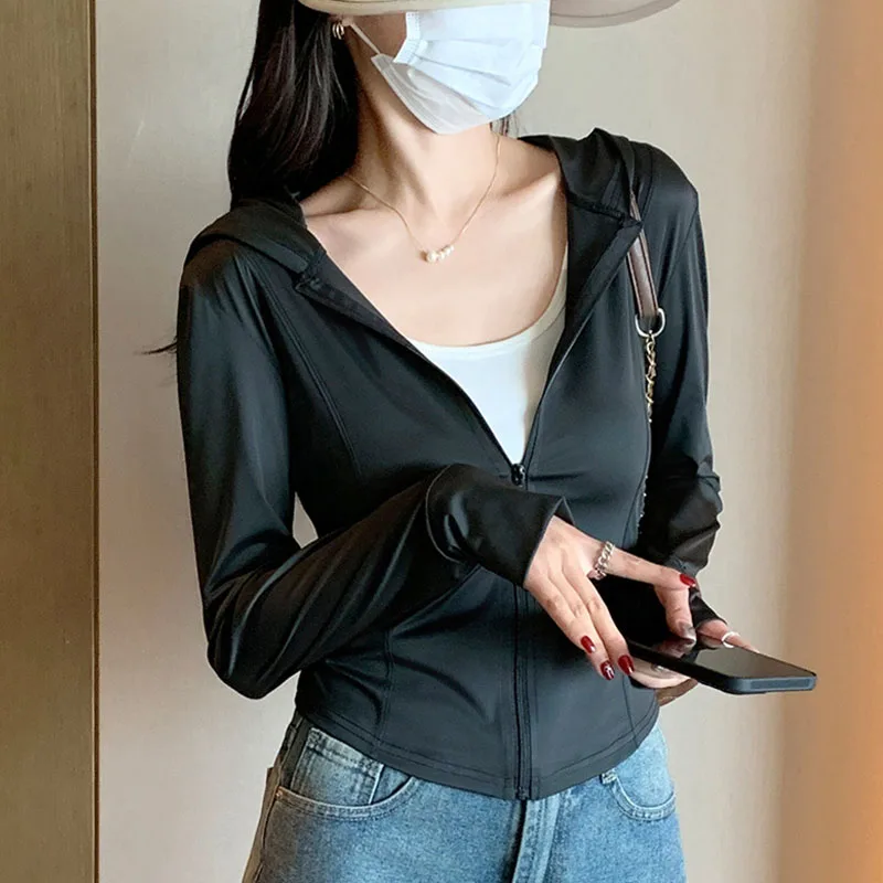 Summer Cool Ice Silk Sun Protection Clothing Women Outdoor Sports Hoodies Uv Protective Coat Female slim Breathable Crop Tops - Image 5