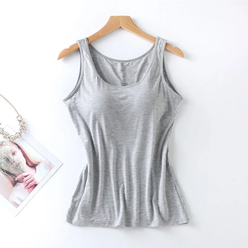 2023 Women's Vest Tops with Built In Bra Neck Vest Solid Color Padded Slim Fit Tank Tops Sexy Shirts Feminino Casual Tank Tops - Image 5