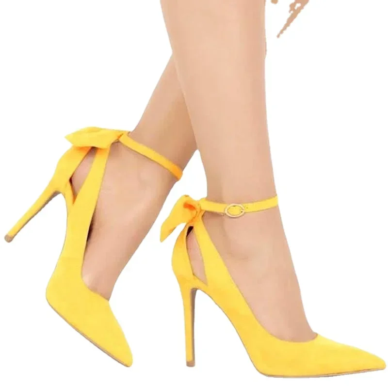 Women's High Heels Bow Tie Back Sexy Stiletto Pumps Pointed Toe Bowknot 11cm Sexy Ankle Strap High Heeled Female Wedding Shoes - Image 2