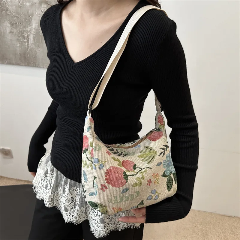 Fashion Vintage Winter New Women Lady Bag Versatile Literary Prints Cloth Crescent Pack Texture Temperament Crossbody Shoulder - Image 5