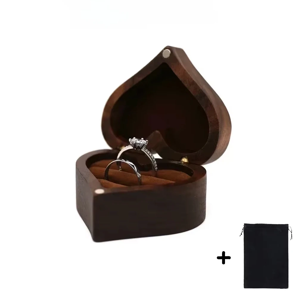 1PCS Free Engraving Custom Love Heart Shaped Walnut Wood Ring Box for Wedding Ceremony Jewelry Box Storage Proposal Wedding Gift - Image 9