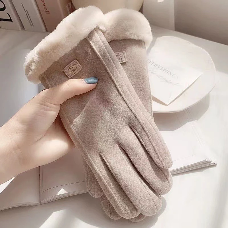 Winter Female Cashmere Warm Suede Leather Cycling Mittens Double Thick Velvet Plush Wrist Women Touch Screen Driving Gloves - Image 8