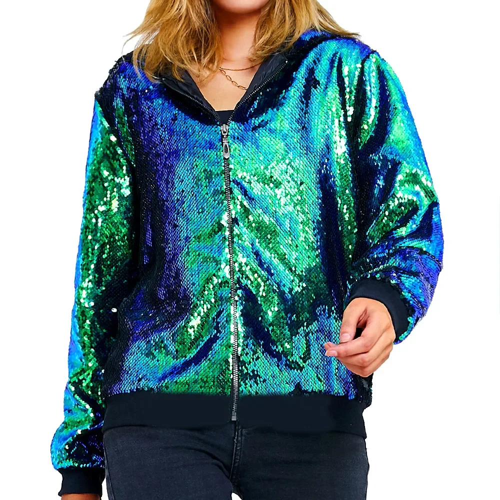2025 New Europe and USA Party Flip Color Sequined Jackets for Women, Fashion Casual Shiny Loose Concert Hooded Baseball Jackets - Image 7