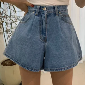 REALEFT 2024 New High Waist Washed Women's Denim Wide Leg Shorts Summer Buttons Casual Female Blue Jeans Trouses Pockets