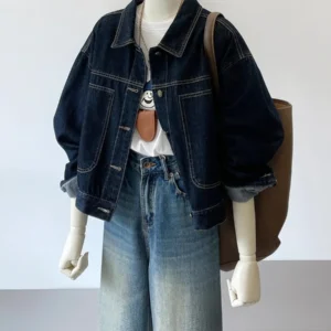 Navy Blue Short Denim Jacket Female Work Style Spring and Fall New Korean Version of the Casual Pocket Design Sense Thin Blouse