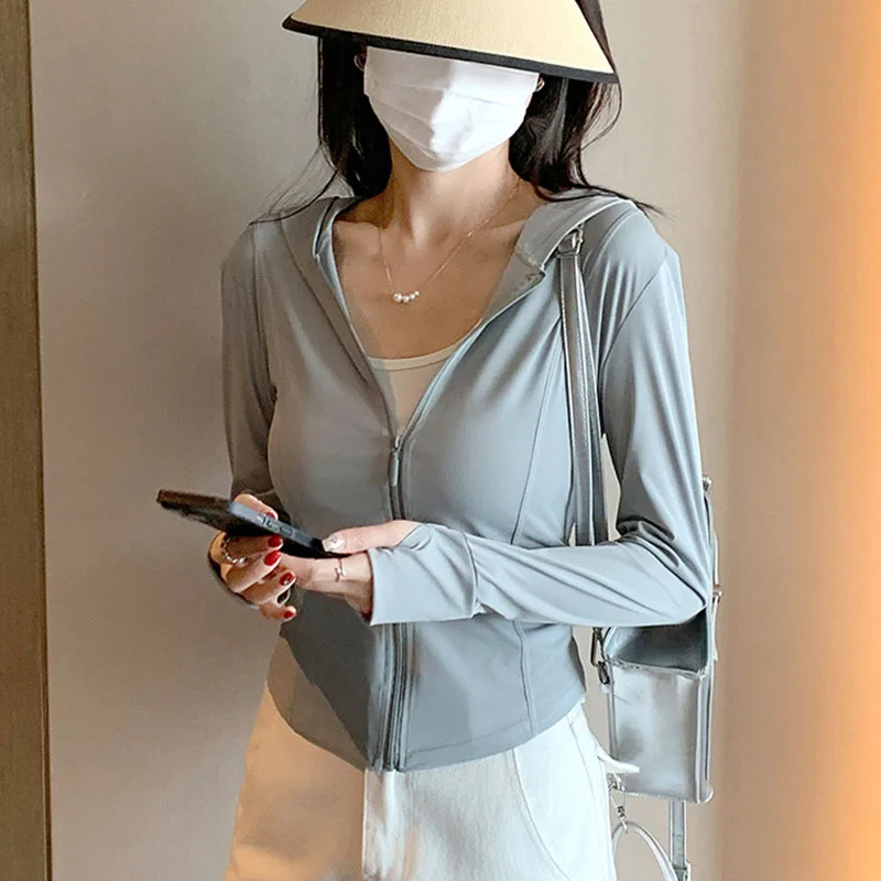 Summer Cool Ice Silk Sun Protection Clothing Women Outdoor Sports Hoodies Uv Protective Coat Female slim Breathable Crop Tops - Image 4