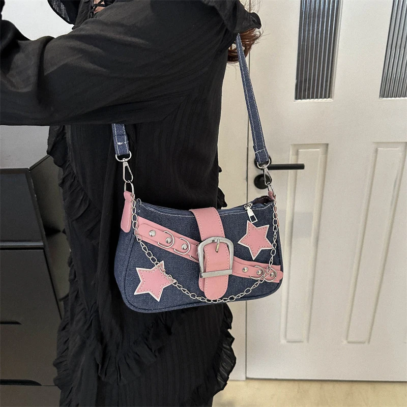 Fashion Women's Handbags Denim Stars Pattern Cool Girls Underarm Bag Female Small Shoulder Hobo Bags Chain Tote Bag - Image 3