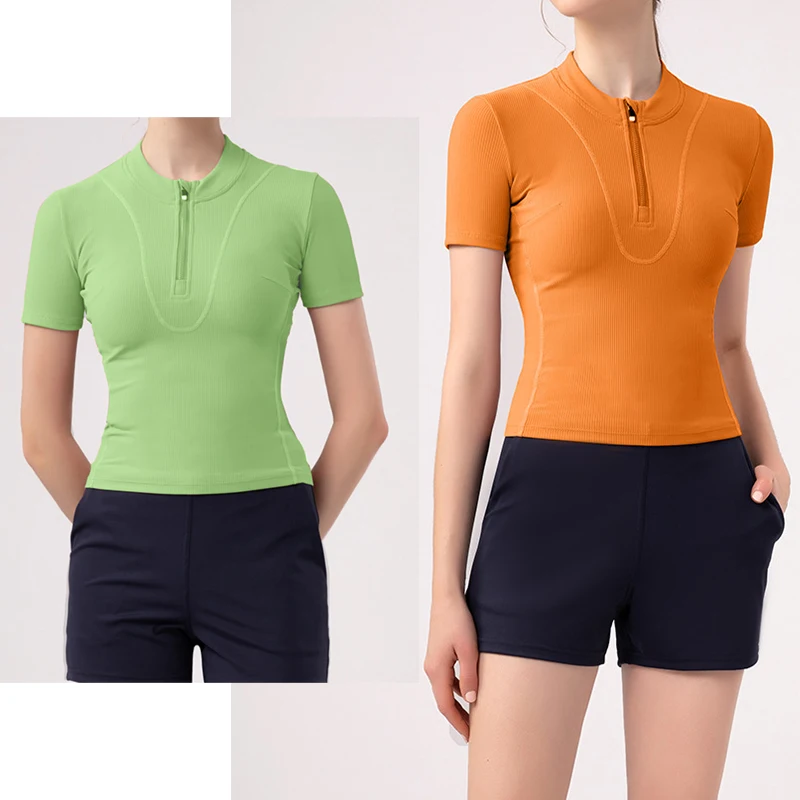 Aiithuug Women Slim Fit Gym Shirts Half Zip Workout Tops Quarter Zip Fitness Shirt Running Quicky Dry Short Sleeve Yoga Tops - Image 2