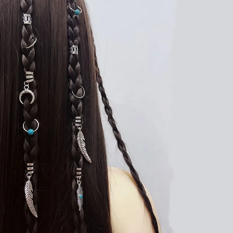 31 Pcs Hair Braids Retro Gold Leaves Moon Blue Beads Hair Dreadlock Hair Rings Decorations Styling Tools Women - Image 2