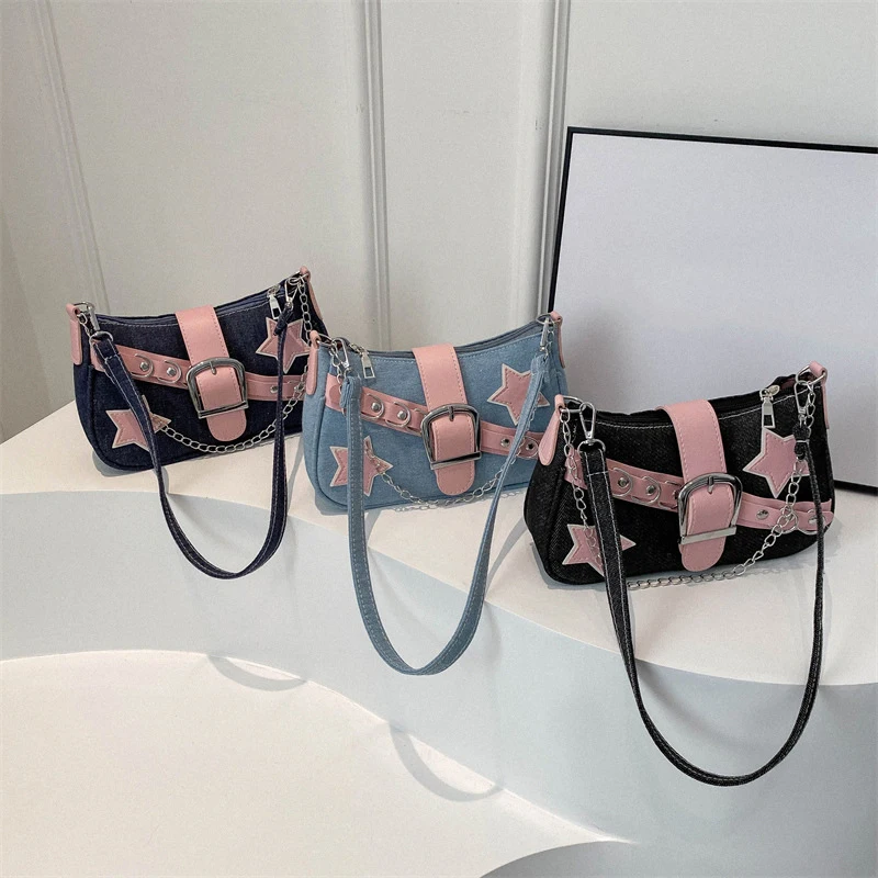 Fashion Women's Handbags Denim Stars Pattern Cool Girls Underarm Bag Female Small Shoulder Hobo Bags Chain Tote Bag - Image 5