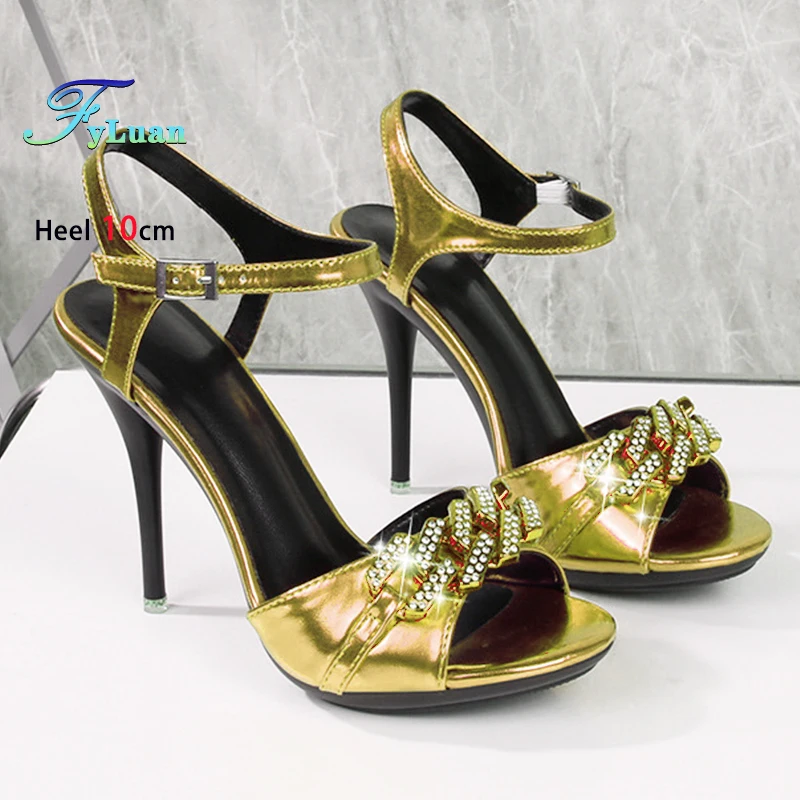 Women Sandals 10CM Thin Heels Summer Buckle Strap Glitters Rhinestone Party Shoes 2025 New Club Stage Luxury Sandals For Ladies - Image 8