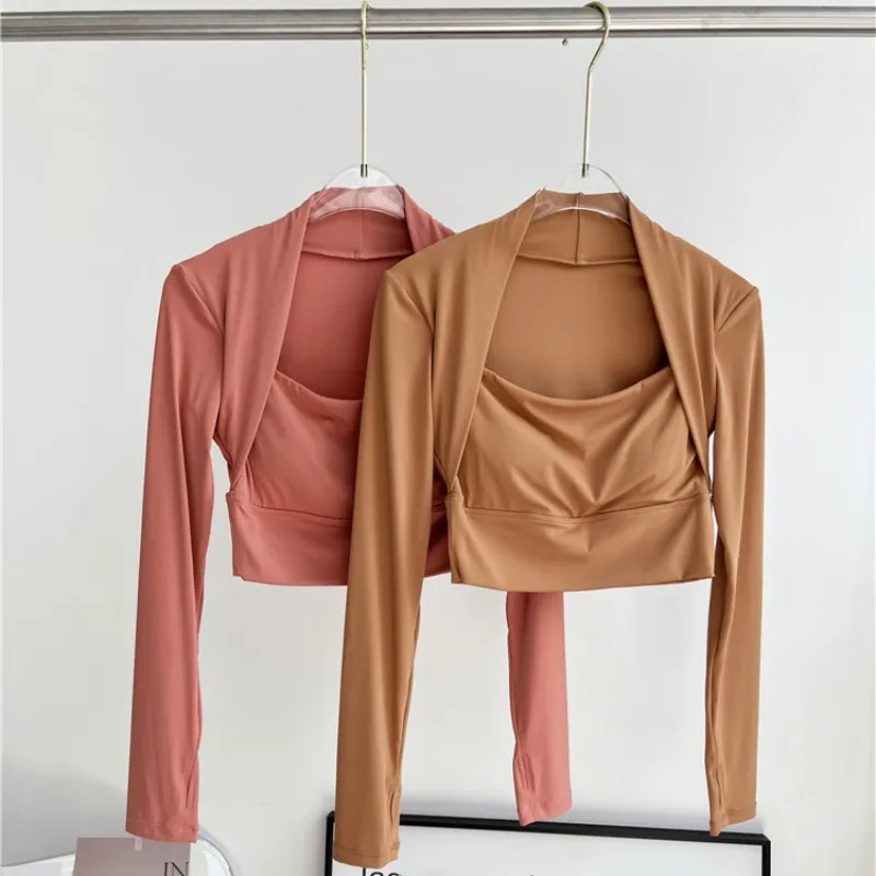 Autumn Winter New Nude Sports Top With Chest Pad Women Long Sleeve Fast Drying Fitness Tight Fake Two Pcs Gym Running Yoga Shirt - Image 2