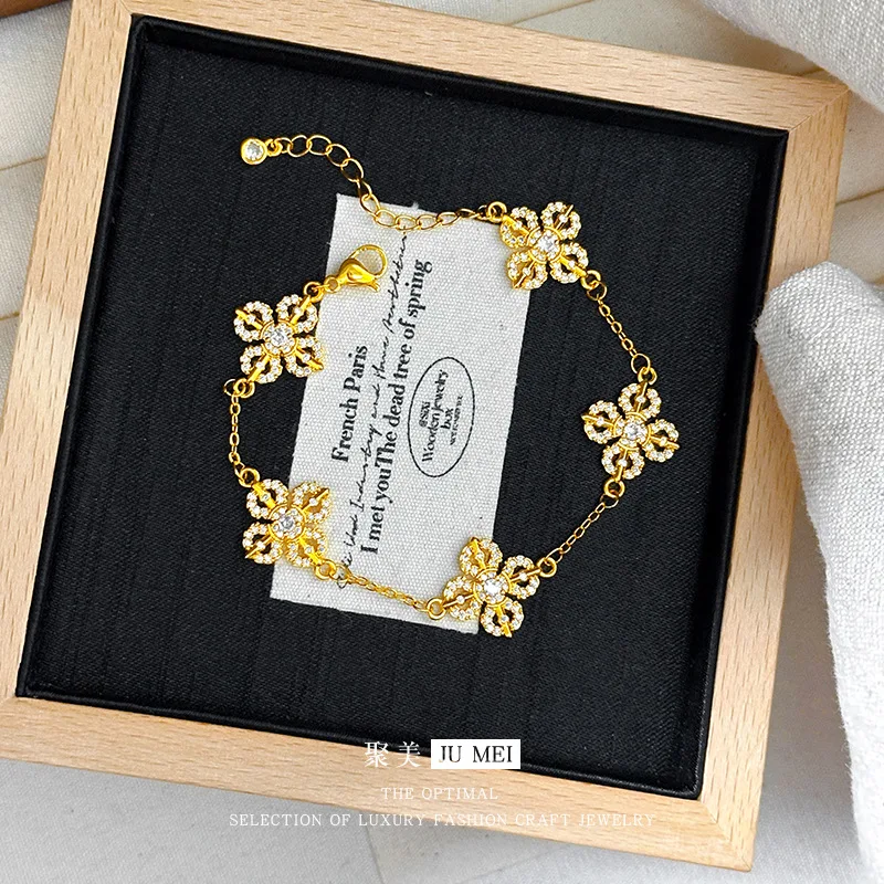 9999 24K real gold new Chinese style full diamond five-flower cross vajra bracelet women four-leaf clover bracelet