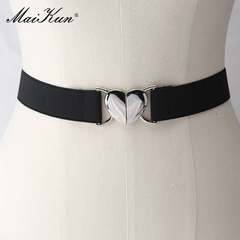 Maikun Silver Heart Buckle Thin Waistband Women Solid Colour Hundred Elastic Narrow Belt Waist Cinching Black - Image 2