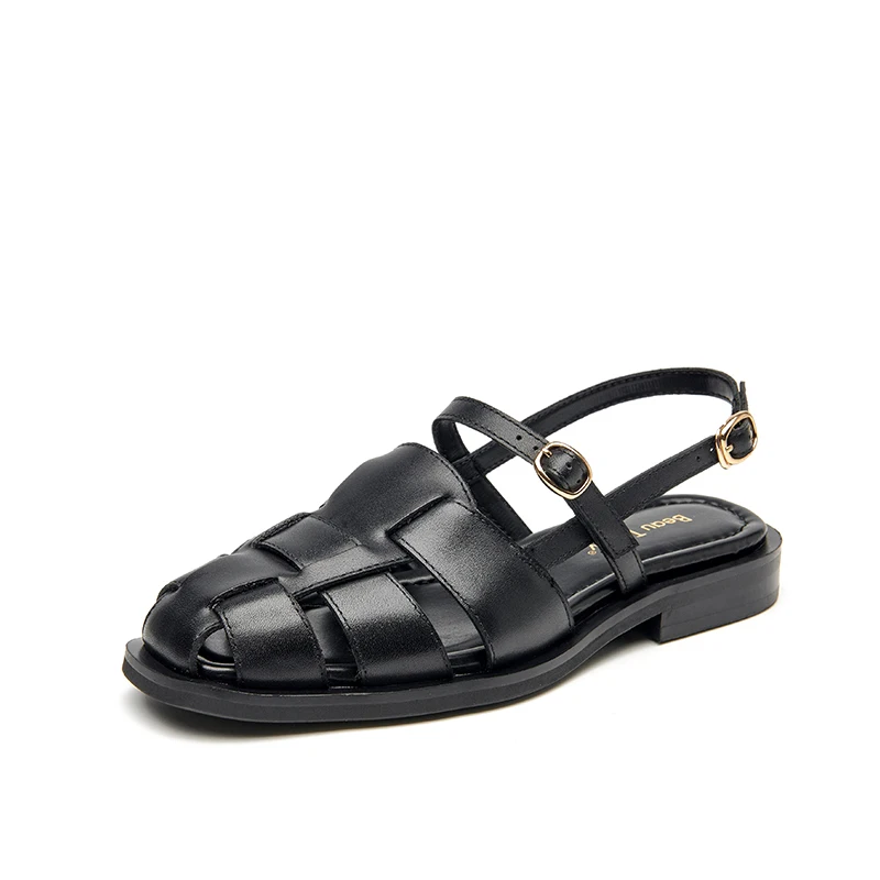 BEAUTODAY Gladiator Sandals Women Genuine Cow Leather Solid Cover Toe Buckle Metal Decoration Summer Ladies Flats Handmade 32406 - Image 9