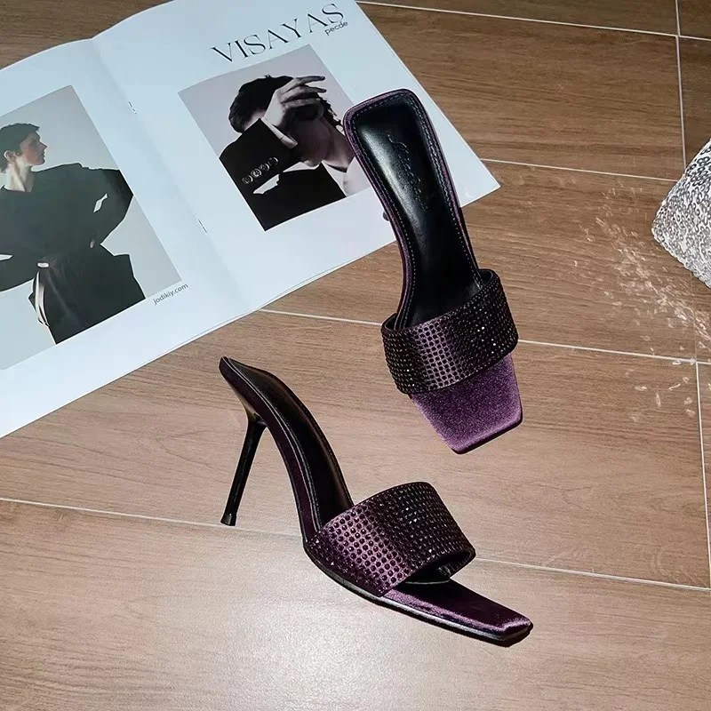 Square head purple rhinestone straight strap slippers for women in the summer of 2025,new slim and beautiful high-heeled sandals - Image 8