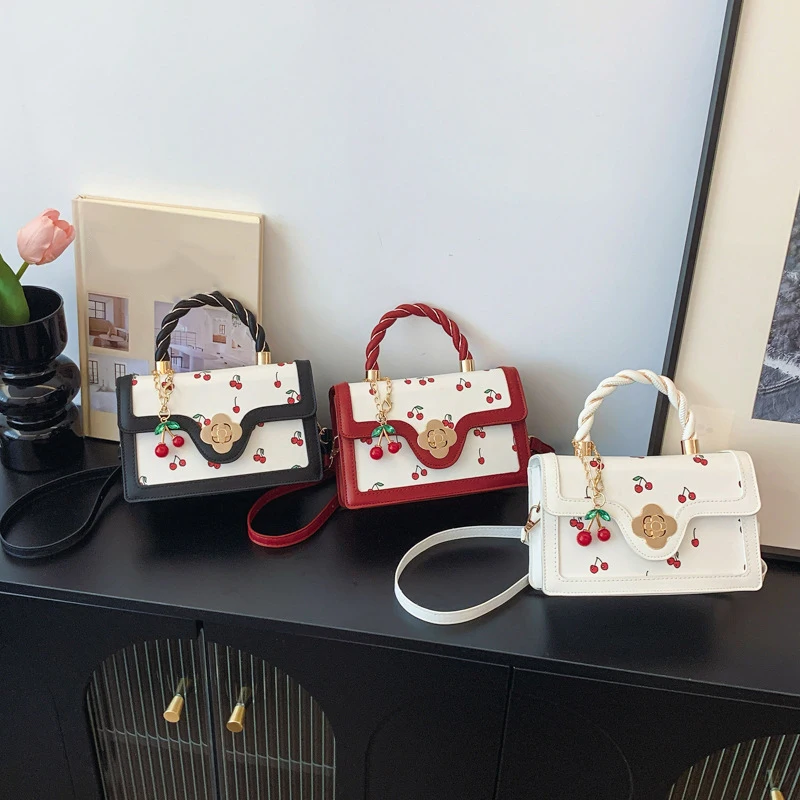 Fashion Cherry Print Top-Handle Bag Ladies Sweet Crossbody Bag Luxury Brand Small Square Bag 2024 Women High Quality Sling Purse - Image 2