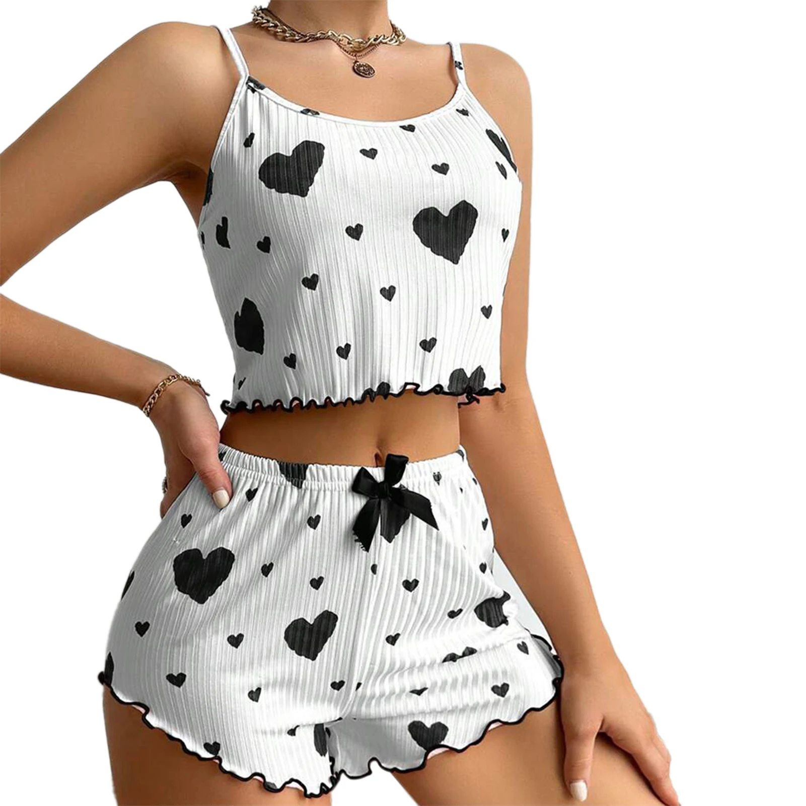 Women's Pajamas Set Summer 2PCS Sling Vest with Shorts 2026 Newly Love Heart Print Spaghetti Strap Camisole Sleepwear for Girls - Image 9