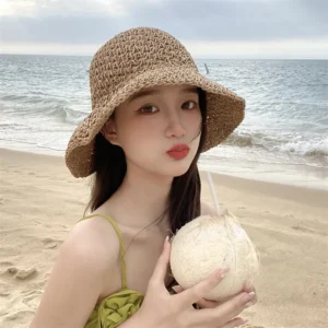 2025 New Women's Braided Straw Fisherman Hat UPF50+ Breathable Summer Beach Vacation Sun Protection Wide Brim Adjustable