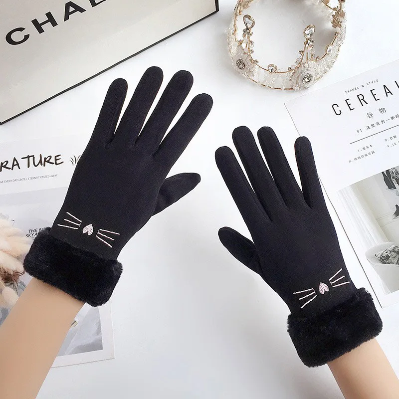 Winter Female Cashmere Warm Suede Leather Cycling Mittens Double Thick Velvet Plush Wrist Women Touch Screen Driving Gloves - Image 5