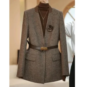 Plus Size 4XL High Quality Coffee colored Suit Jacket For Women Spring Outwear Fashion Simple Wool Coat Autumn Blazer With Belt