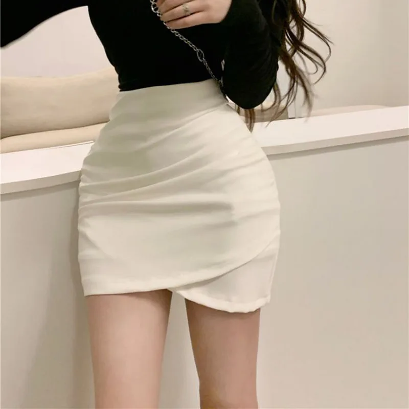 Lucyever Korean Fashion Mini Skirt Women Solid High Waist Irregular Folds Hip Wrap Pencil Skirt Ladies Sexy Slim Short Skirts - Image 3